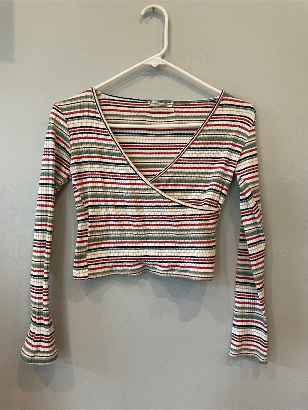 Striped Wrap-Front Long Sleeve Crop Top - White Multi urban outfitters small